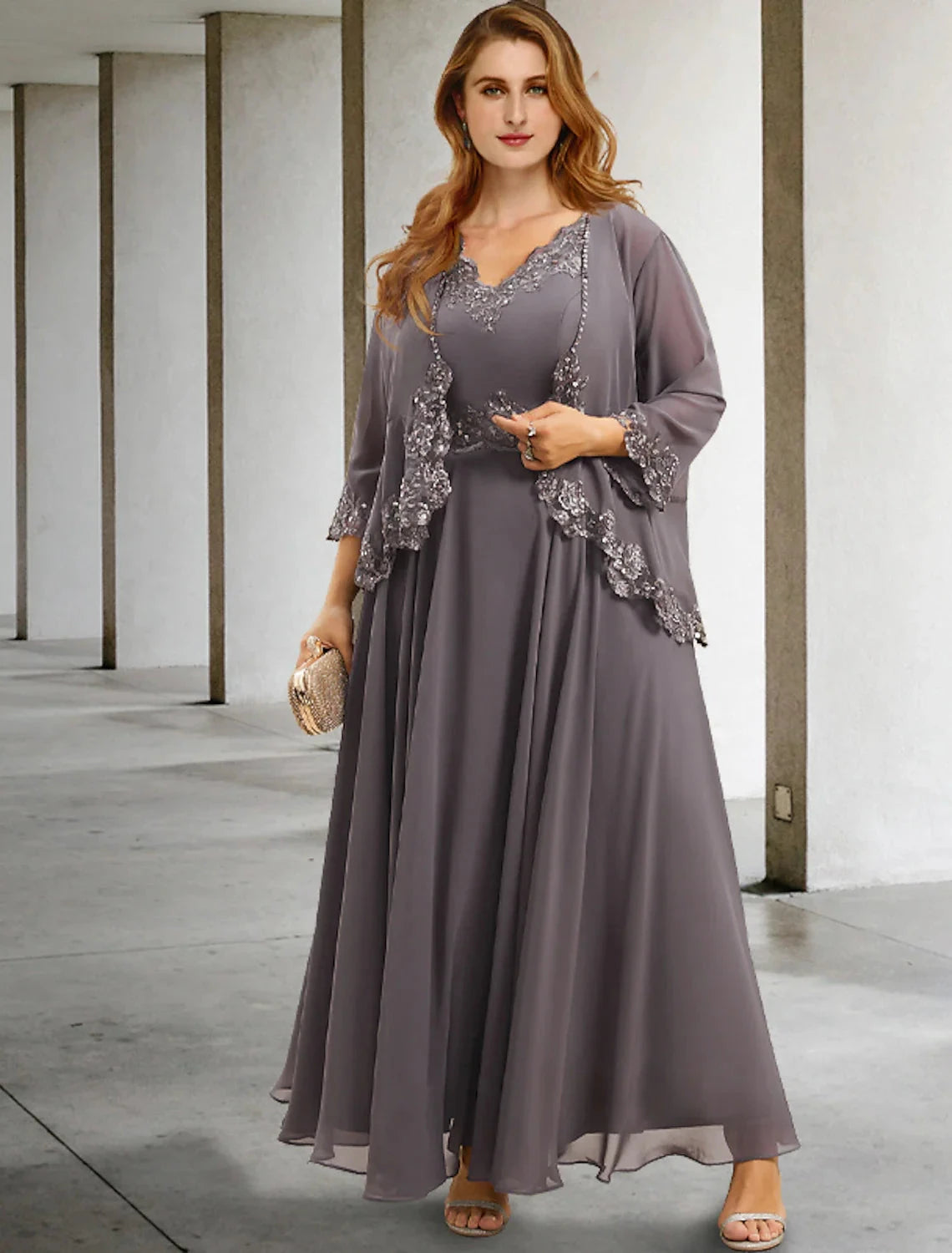 Two Piece A-Line Wedding Guest Dresses Plus Size Hide Belly Elegant Dress Formal Tea Length Sleeveless V Neck Chiffon with Appliques by YiHuiw