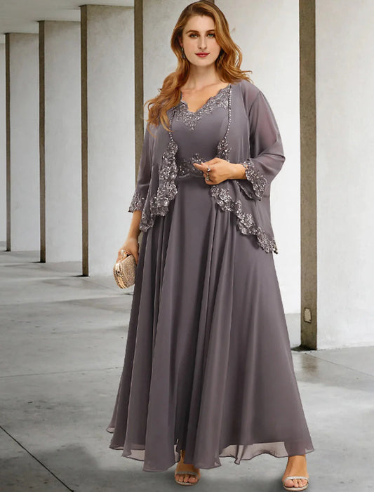 Two Piece A-Line Wedding Guest Dresses Plus Size Hide Belly Elegant Dress Formal Tea Length Sleeveless V Neck Chiffon with Appliques by YiHuiw