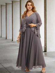 Two Piece A-Line Wedding Guest Dresses Plus Size Hide Belly Elegant Dress Formal Tea Length Sleeveless V Neck Chiffon with Appliques