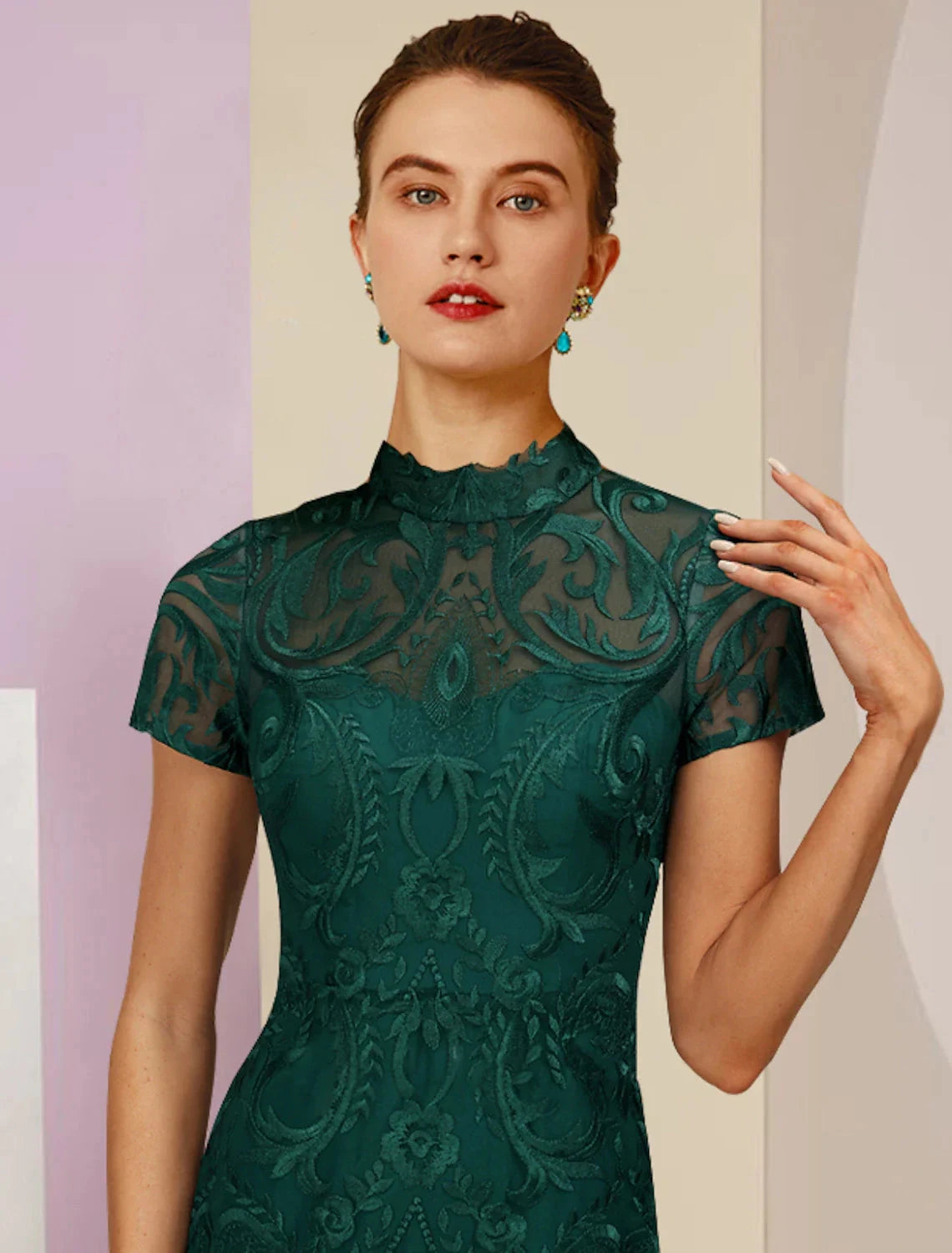 Sheath / Column Mother of the Bride Dress Wedding Guest Elegant High Neck Tea Length Lace Short Sleeve with Appliques by YiHuiw