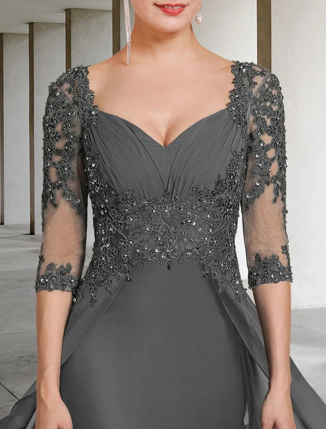 Sheath / Column Mother of the Bride Dress Formal Wedding Guest Party Elegant Square Neck Floor Length Chiffon Lace 3/4 Length Sleeve with Sequin Appliques Ruching by YiHuiw