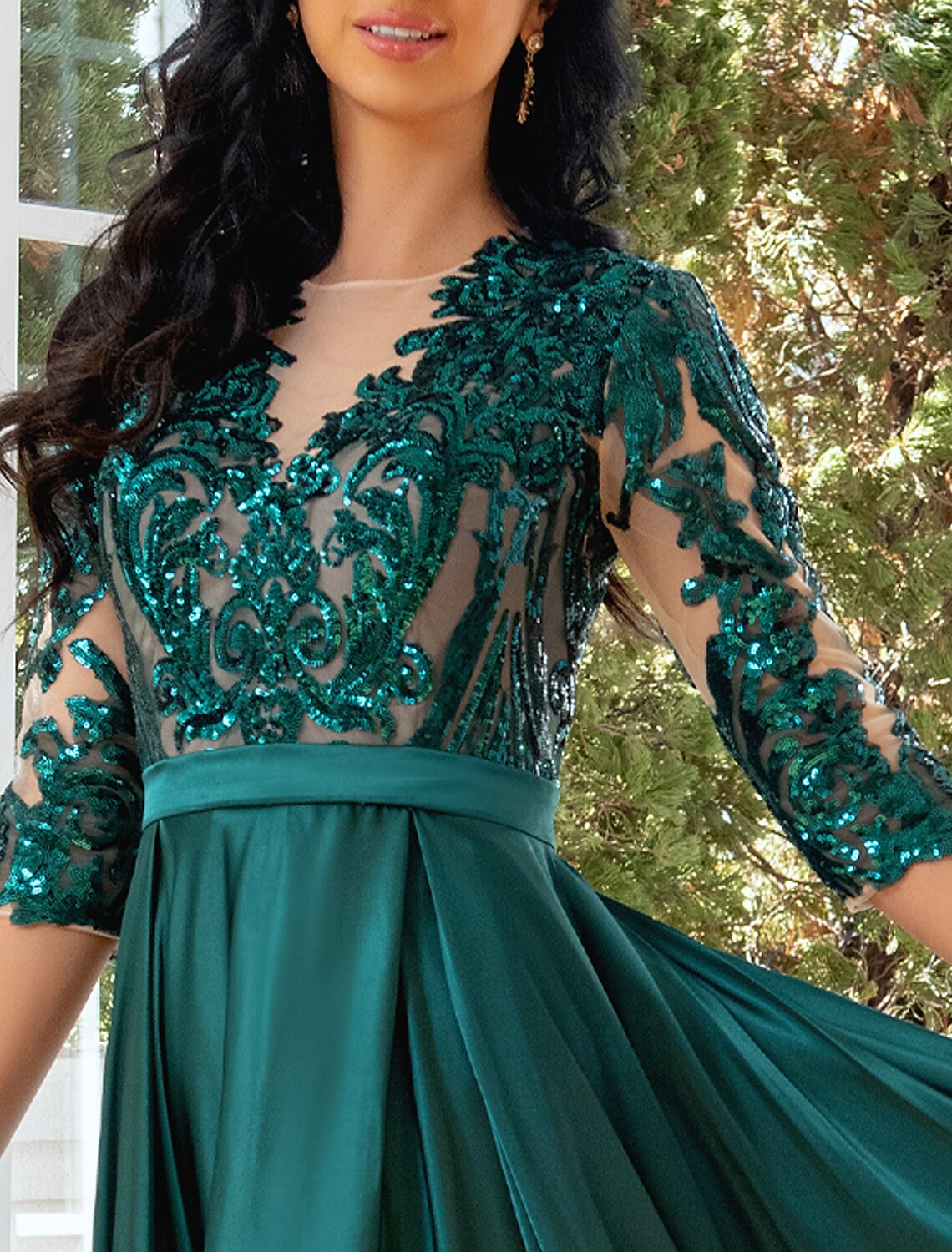A-Line Evening Gown Elegant Dress Wedding Party Floor Length Half Sleeve Illusion Neck Satin with Pleats Sequin Slit by YiHuiw