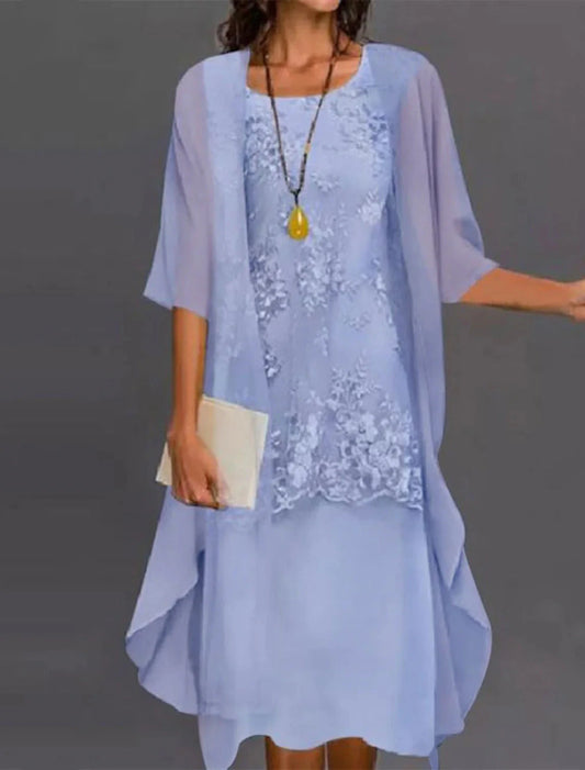 Two Piece Sheath / Column Mother of the Bride Dress Wedding Guest Formal Elegant Long Sleeve Jacket Chiffon Lace Scoop Neck Tea Length with Appliques by YiHuiw