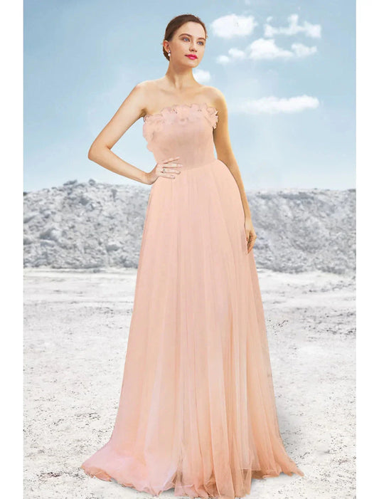 A-Line Evening Gown Elegant Dress Formal Sweep / Brush Train Sleeveless Strapless Tulle with Pleats by YiHuiw