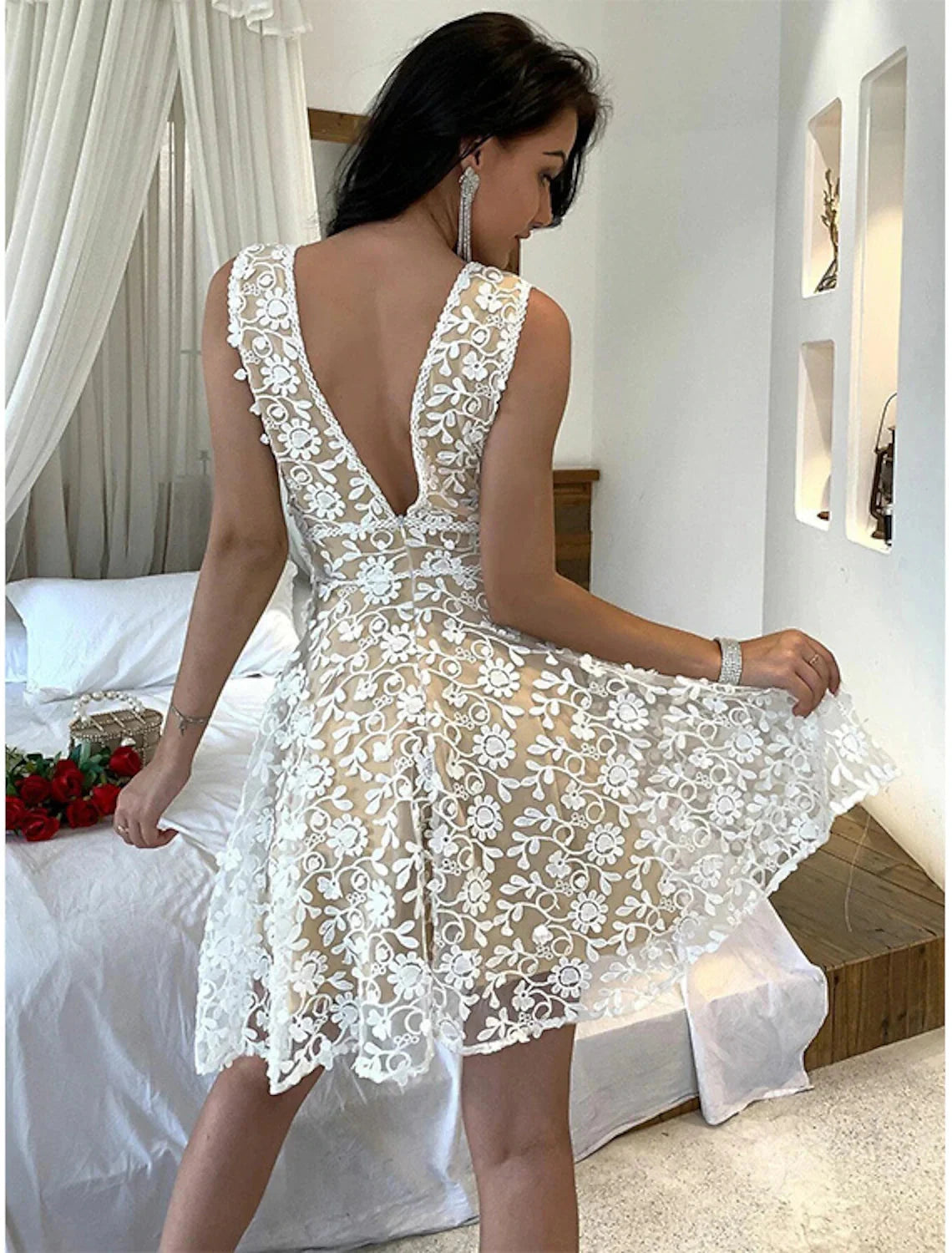 Women's Party Dress Lace Dress Homecoming Dress Midi Dress White Sleeveless Pure Color Lace Summer Spring V Neck Hot Spring Dress by YiHuiw