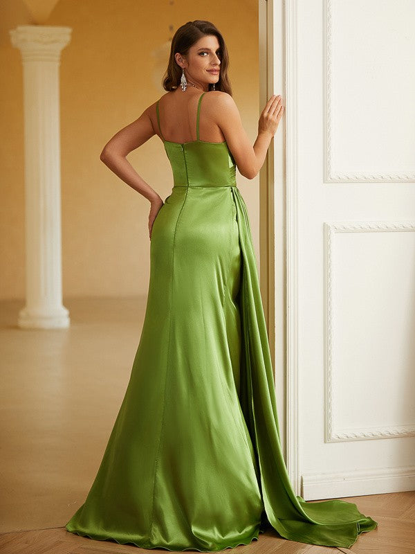 Sheath/Column Woven Satin Ruched V-neck Sleeveless Sweep/Brush Train Dresses by YiHuiw