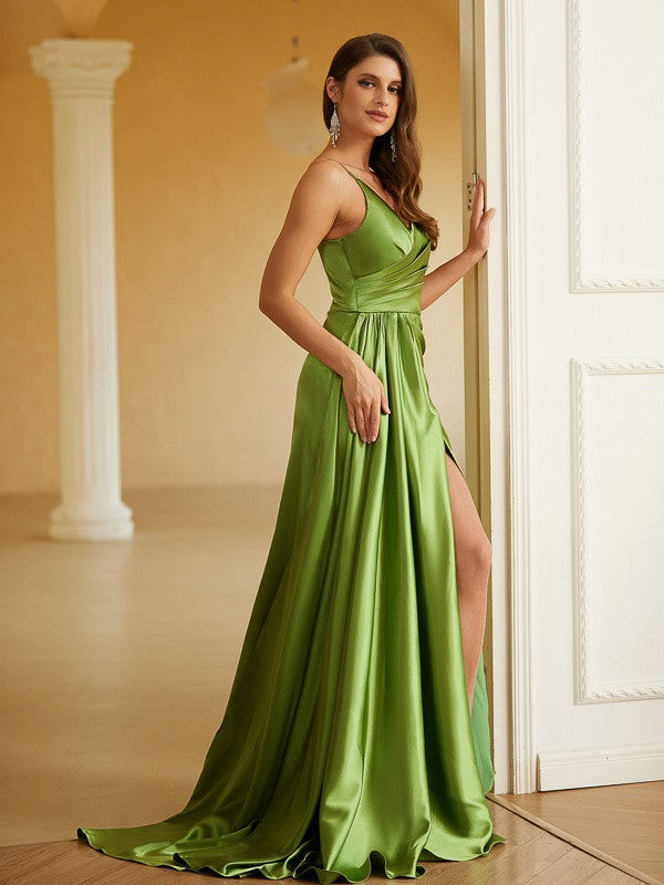 Sheath/Column Woven Satin Ruched V-neck Sleeveless Sweep/Brush Train Dresses by YiHuiw