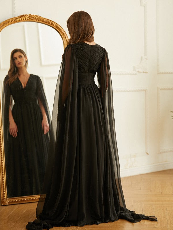 A-Line/Princess 30D Chiffon Ruched V-neck Long Sleeves Floor-Length Dresses by YiHuiw
