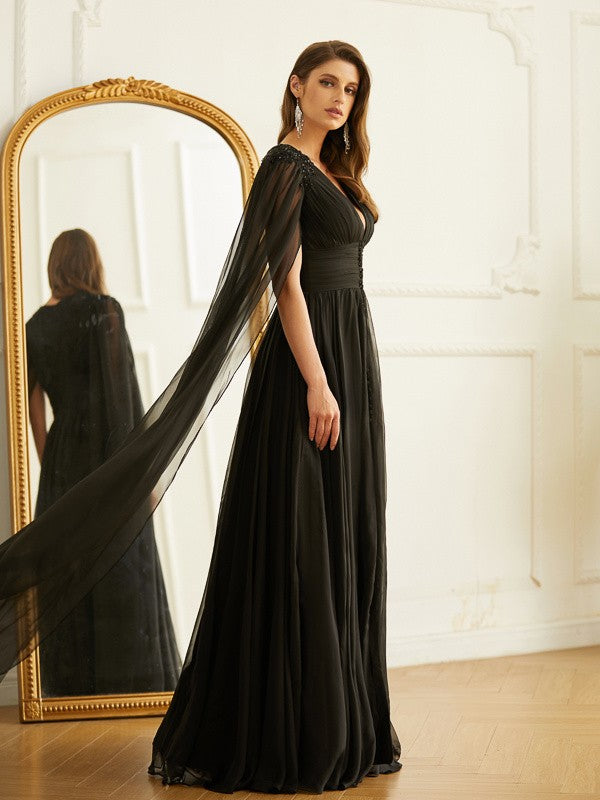 A-Line/Princess 30D Chiffon Ruched V-neck Long Sleeves Floor-Length Dresses by YiHuiw