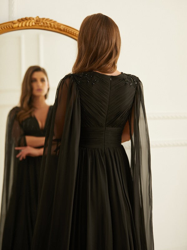 A-Line/Princess 30D Chiffon Ruched V-neck Long Sleeves Floor-Length Dresses by YiHuiw