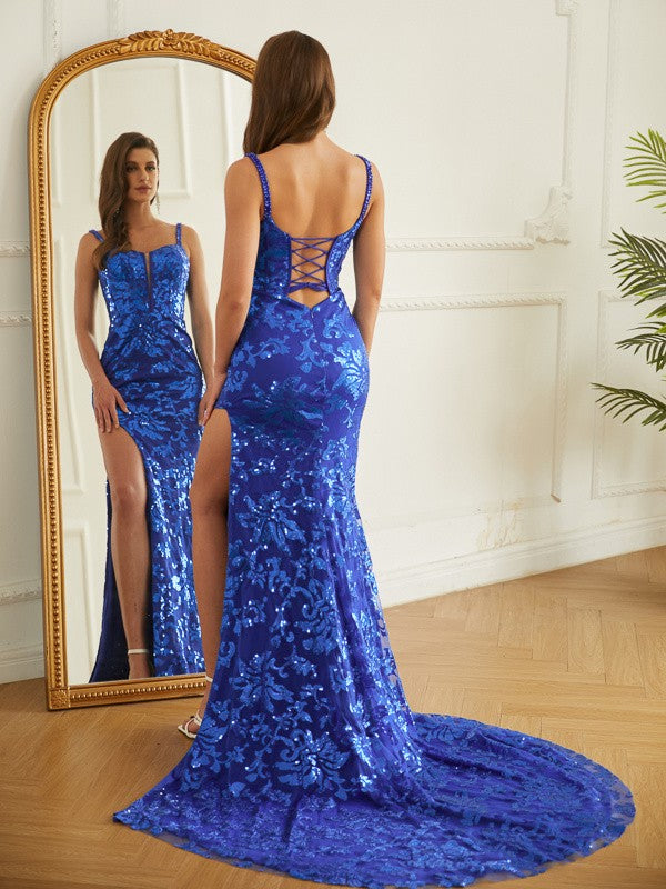 Sheath/Column Tulle Sequin Straps Sleeveless Court Train Dresses by YiHuiw