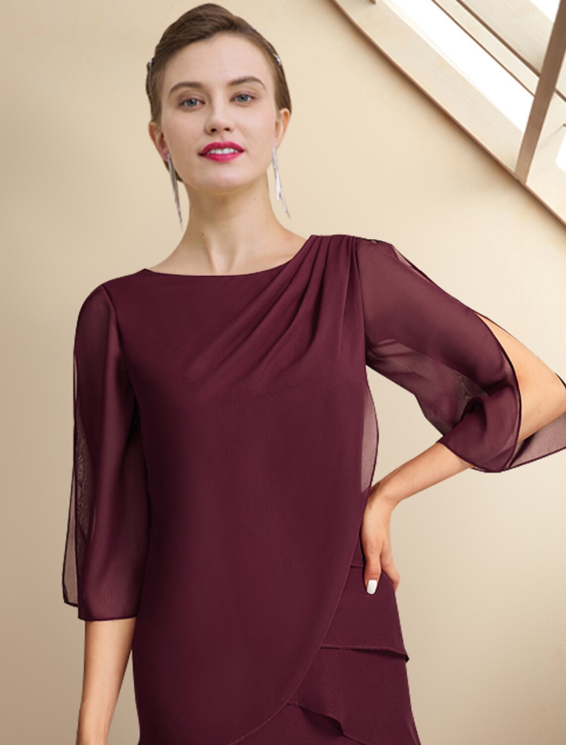 A-Line Mother of the Bride Dress Wedding Guest Plus Size Elegant Jewel Neck Ankle Length Chiffon Half Sleeve with Ruffles Side-Draped Fall by YiHuiw