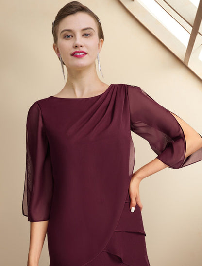 A-Line Mother of the Bride Dress Wedding Guest Plus Size Elegant Jewel Neck Ankle Length Chiffon Half Sleeve with Ruffles Side-Draped Fall by YiHuiw