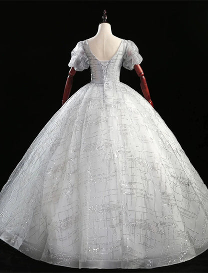 Ball Gown Quinceanera Dresses Princess Dress Performance Quinceanera Floor Length Short Sleeve V Neck Polyester with Beading by YiHuiw