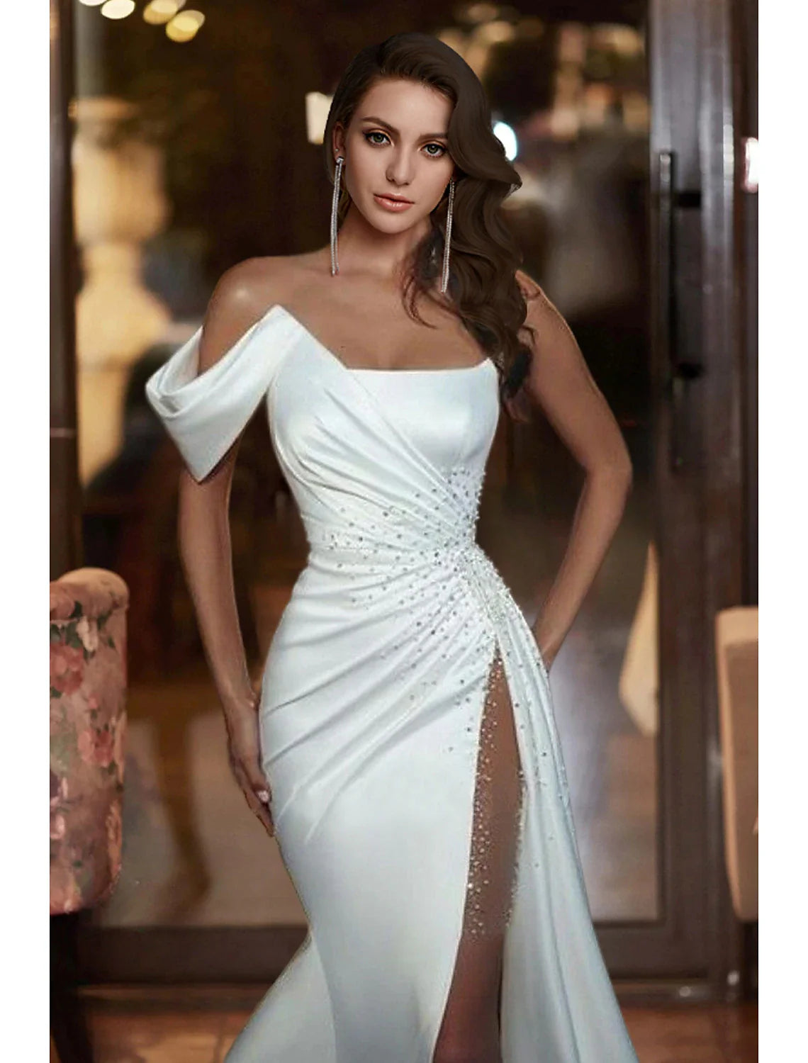 ormal Wedding Dresses Mermaid / Trumpet Off Shoulder Sleeveless Court Train Satin Bridal Gowns With Beading  Summer Wedding Party, Women's Clothing
