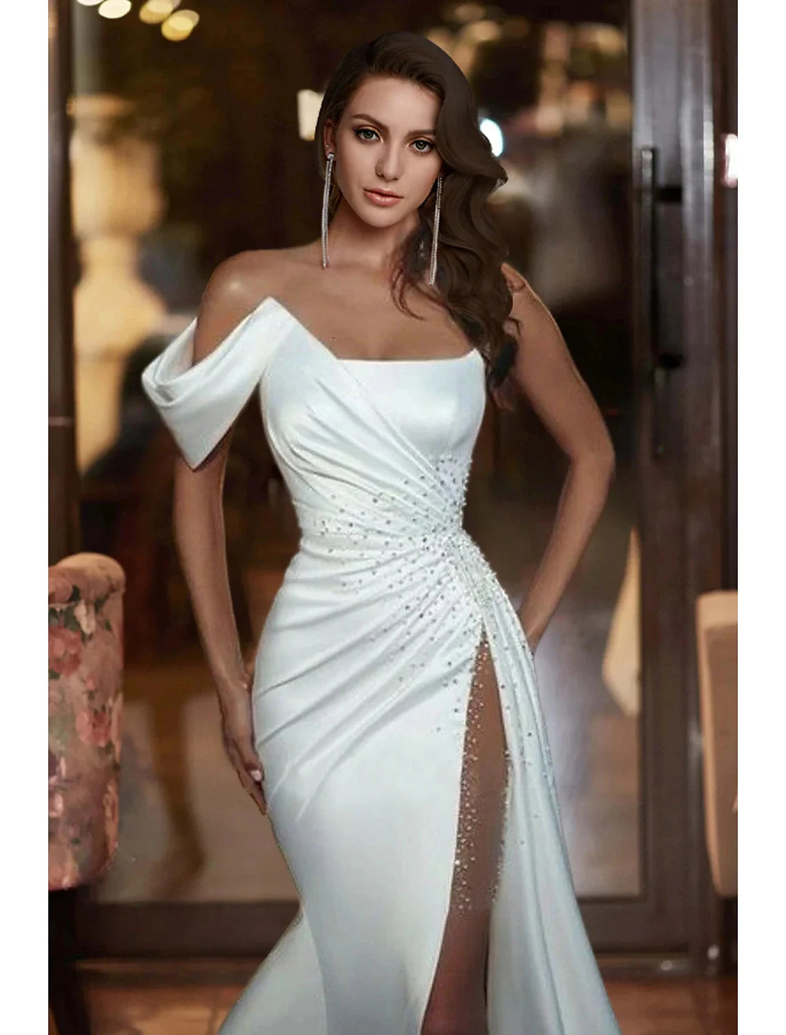 ormal Wedding Dresses Mermaid / Trumpet Off Shoulder Sleeveless Court Train Satin Bridal Gowns With Beading Summer Wedding Party, Women's Clothing by YiHuiw