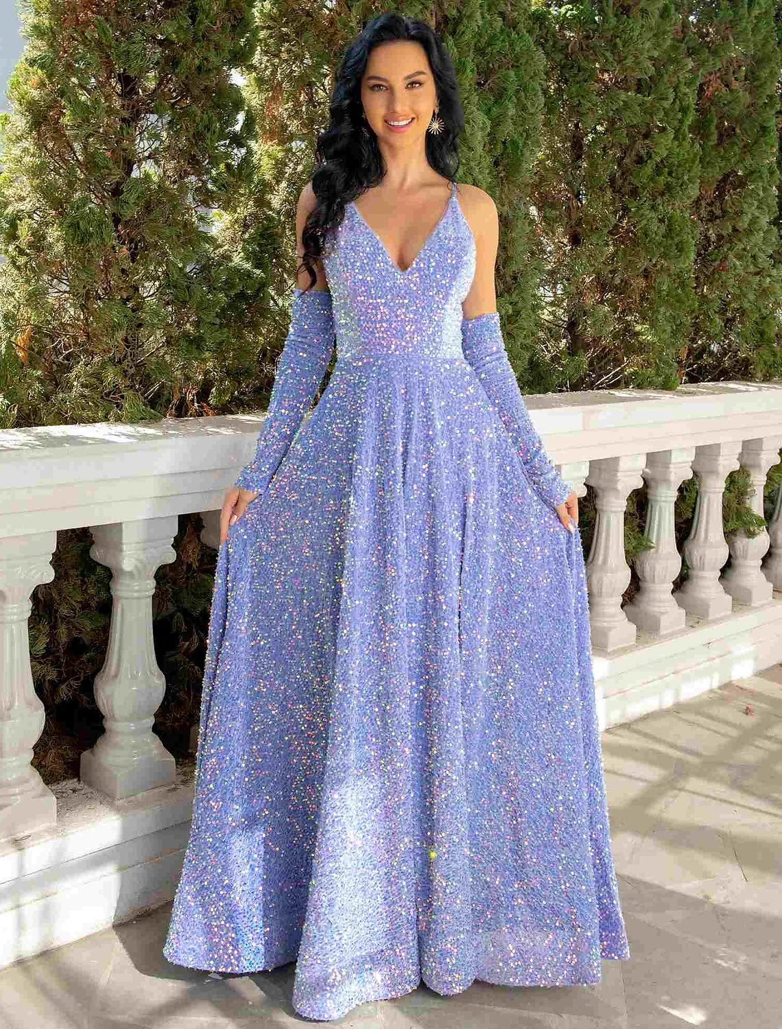 A-Line Prom Dresses Party Dress Formal Floor Length Sleeveless V Neck Sequined with Pleats Sequin by YiHuiw