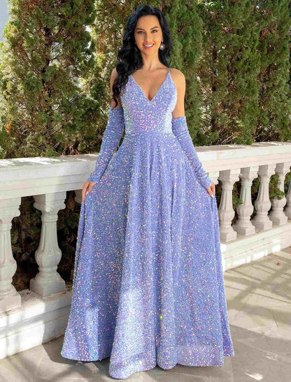 A-Line Prom Dresses Party Dress Formal Floor Length Sleeveless V Neck Sequined with Pleats Sequin by YiHuiw