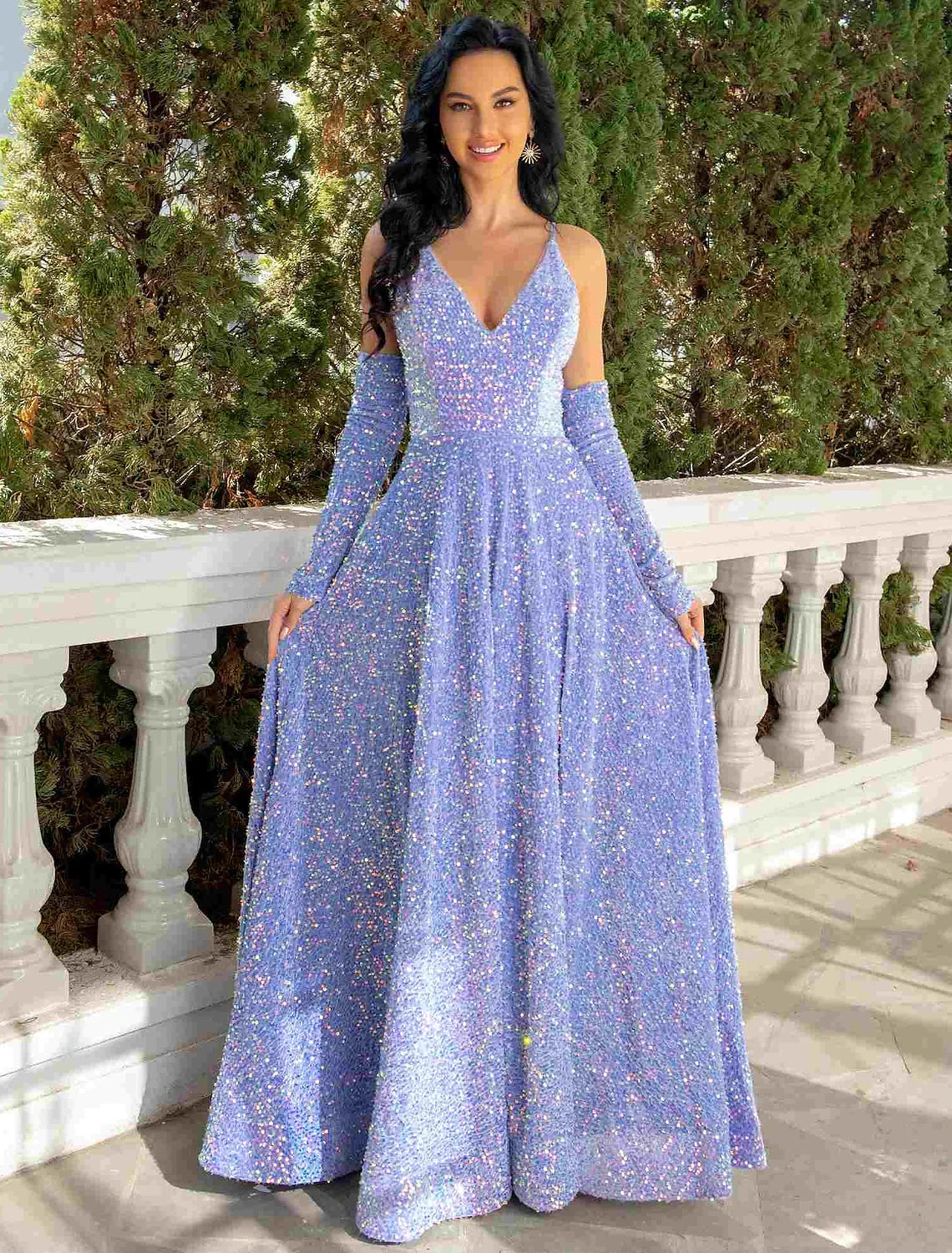 A-Line Prom Dresses Party Dress Formal Party Wear Floor Length Sleeveless V Neck Sequined with Pleats Sequin by YiHuiw