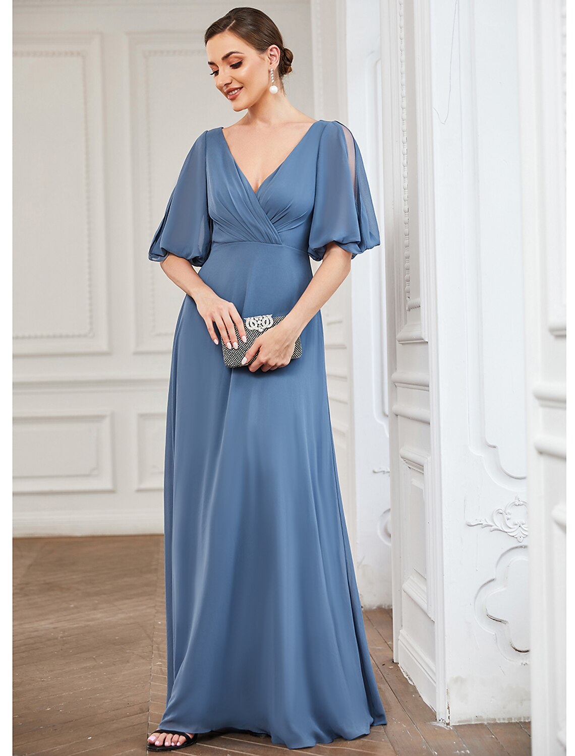 A-Line Evening Gown Minimalist Dress Wedding Guest Prom Floor Length Half Sleeve V Neck Chiffon with Pleats by YiHuiw