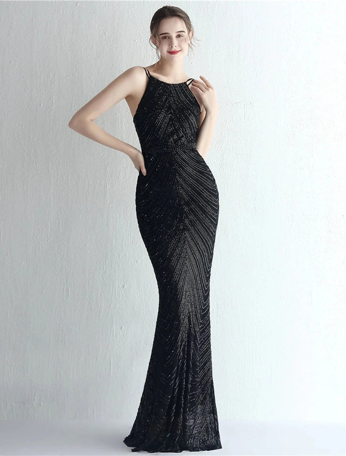 Mermaid / Trumpet Prom Dresses Sparkle & Shine Dress Formal Wedding Guest Floor Length Sleeveless Halter Neck Chiffon with Beading Sequin by YiHuiw