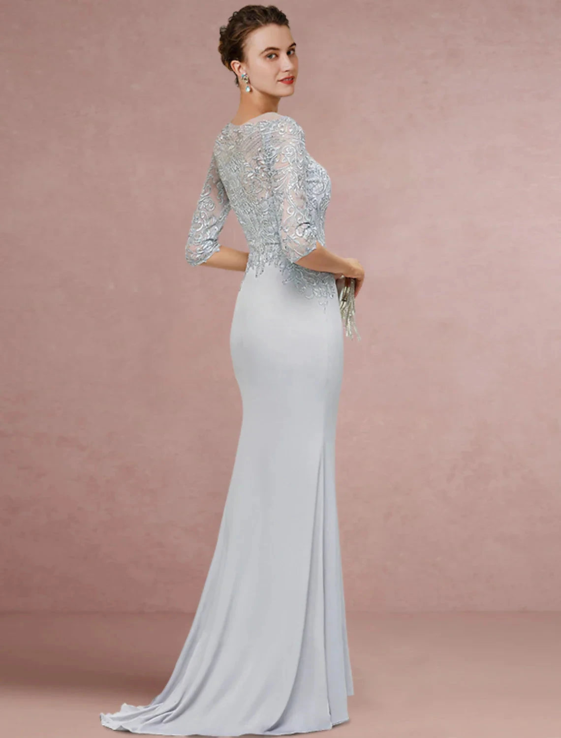 Sheath / Column Mother of the Bride Dress Wedding Guest Vintage Elegant Scoop Neck Sweep / Brush Train Chiffon Lace Half Sleeve with Sequin by YiHuiw
