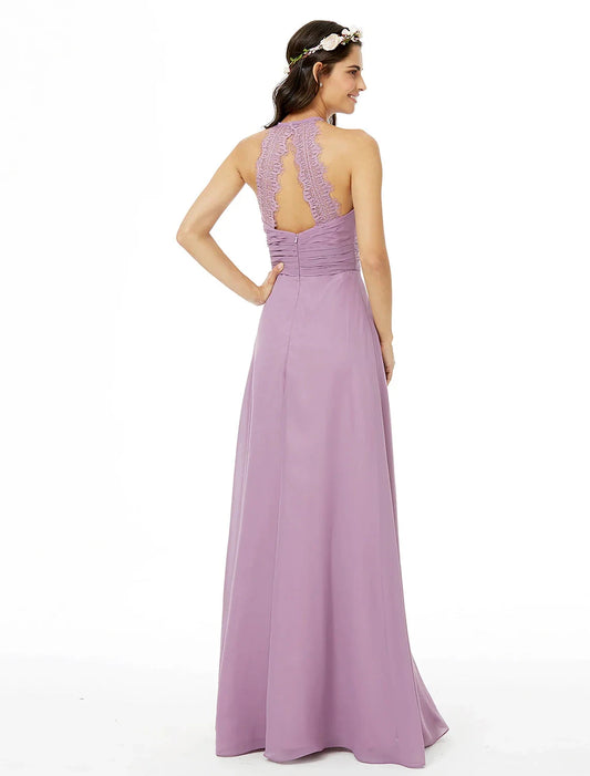 Sheath / Column Bridesmaid Dress Jewel Neck Sleeveless Beautiful Back Floor Length Chiffon with Lace / Sash / Ribbon / Pleats by YiHuiw