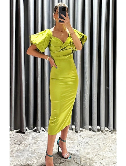 Sheath / Column Cocktail Dresses Party Dress Formal Fall Tea Length Short Sleeve Off Shoulder Satin with Ruched Slit by YiHuiw