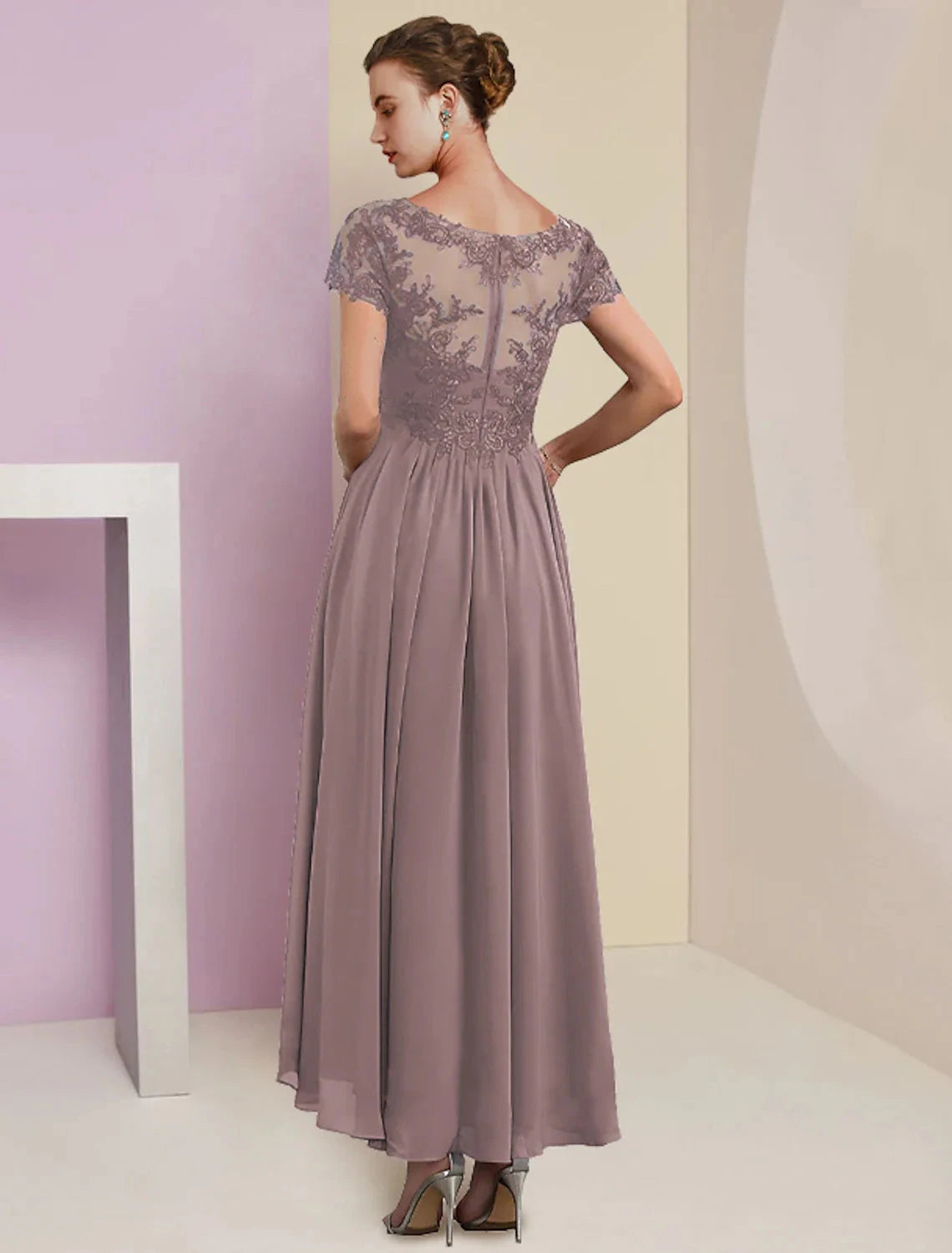 Two Piece A-Line Mother of the Bride Dress Formal Wedding Guest Elegant V Neck Tea Length Chiffon Lace Short Sleeve Jacket Dresses with Pleats Appliques by YiHuiw