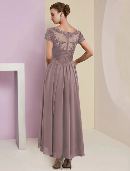Two Piece A-Line Mother of the Bride Dress Formal Wedding Guest Elegant V Neck Tea Length Chiffon Lace Short Sleeve Jacket Dresses with Pleats Appliques by YiHuiw