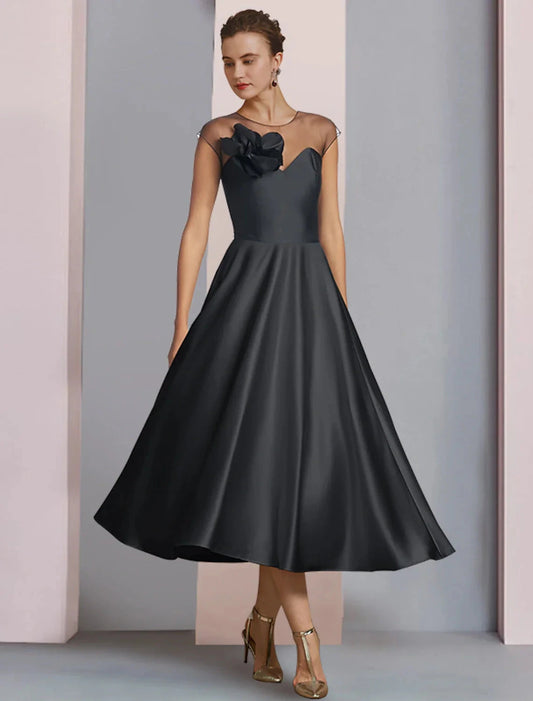 A-Line Mother of the Bride Dress Wedding Guest Party Elegant Scoop Neck Tea Length Satin Half Sleeve with Pleats Flower by YiHuiw