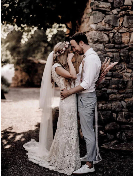 Beach Boho Wedding Dresses Mermaid / Trumpet V Neck Cap Sleeve Court Train Lace Bridal Gowns With Appliques Solid Color by YiHuiw