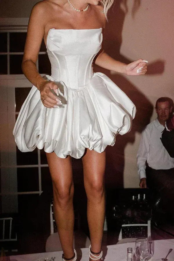 Strapless Satin Mini Wedding Dress - Yihuiw by Yihuiw