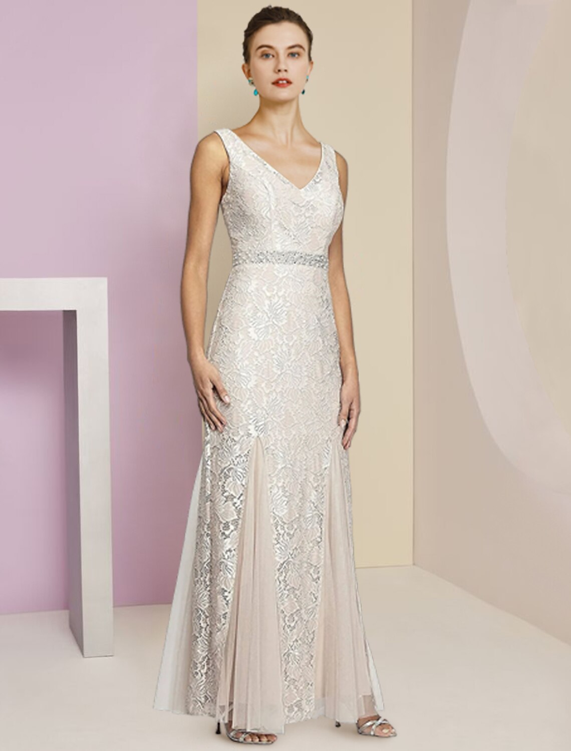 Two Piece A-Line Mother of the Bride Dress Formal Wedding Guest Elegant Winter With Jacket Half Sleeve V Neck Ankle Length Chiffon Lace Pleats Appliques by YiHuiw