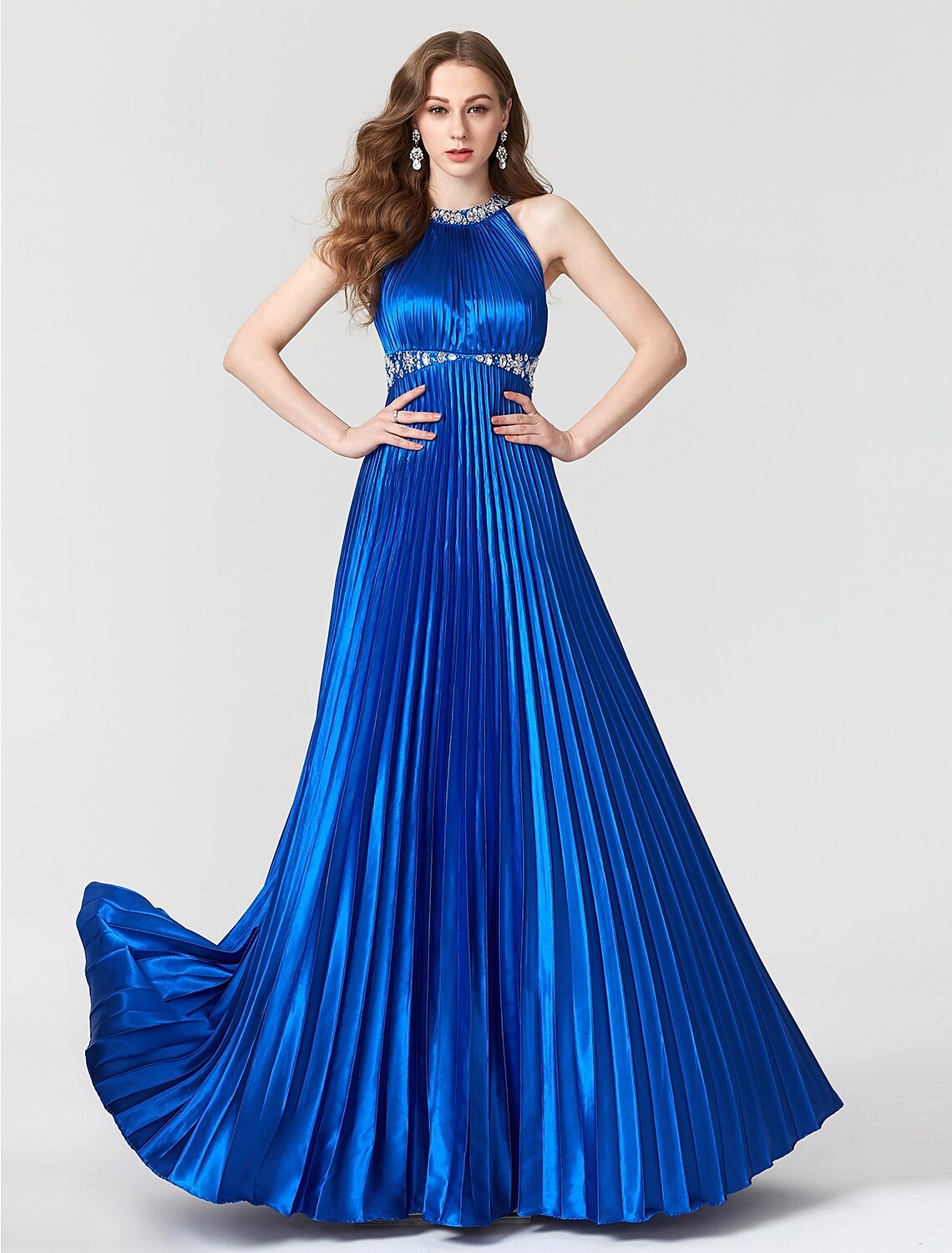 A-Line Beautiful Back Dress Holiday Cocktail Party Floor Length Sleeveless Jewel Neck Satin with Pleats Beading by YiHuiw