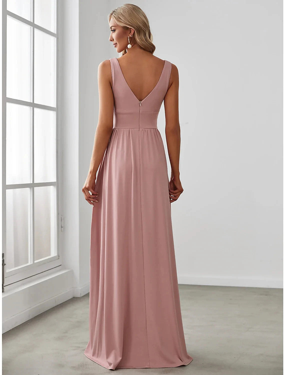 A-Line Prom Party Dress High Split Dress Wedding Guest Formal Evening Floor Length Sleeveless V Neck Bridesmaid Dress Chiffon V Back with Slit Pure Color by YiHuiw