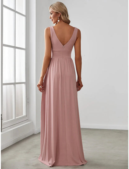 A-Line Prom Party Dress High Split Dress Wedding Guest Formal Evening Floor Length Sleeveless V Neck Bridesmaid Dress Chiffon V Back with Slit Pure Color by YiHuiw
