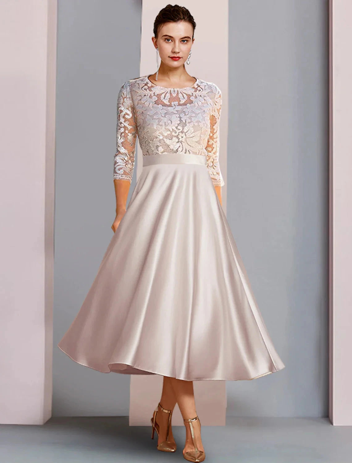 A-Line Mother of the Bride Dress Wedding Guest Party Elegant Scoop Neck Tea Length Satin Lace 3/4 Length Sleeve with Appliques by YiHuiw