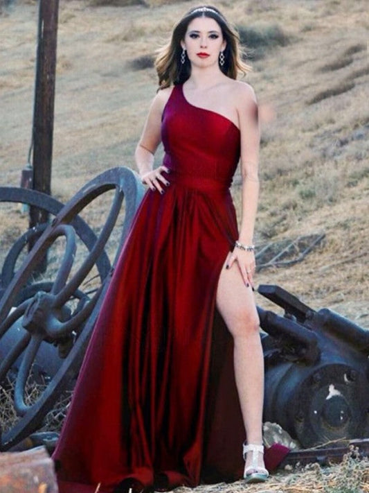A-Line/Princess Satin One-Shoulder Ruffles Sleeveless Sweep/Brush Train Dresses by YiHuiw