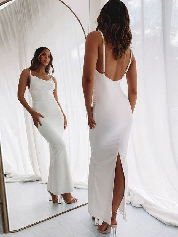 Sheath/Column Spaghetti Straps Crepe Ruched Sleeveless Floor-Length Dresses by YiHuiw