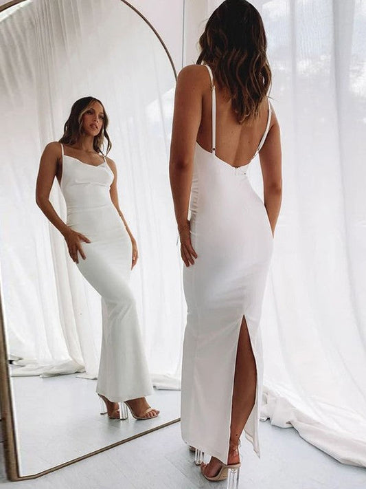 Sheath/Column Spaghetti Straps Crepe Ruched Sleeveless Floor-Length Dresses by YiHuiw