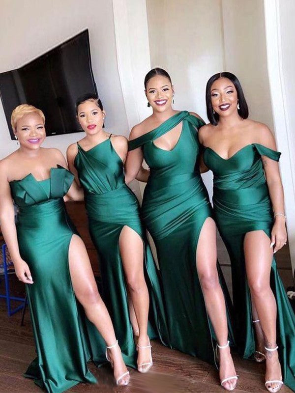 Sheath/Column Off-the-Shoulder Ruched Sleeveless Sweep/Brush Train Bridesmaid Dresses by YiHuiw