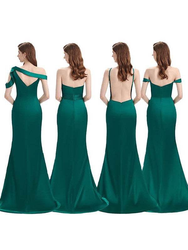 Sheath/Column Off-the-Shoulder Ruched Sleeveless Sweep/Brush Train Bridesmaid Dresses by YiHuiw