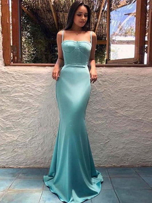 Sheath/Column Sleeveless Satin Spaghetti Straps Ruffles Floor-Length Dresses by YiHuiw