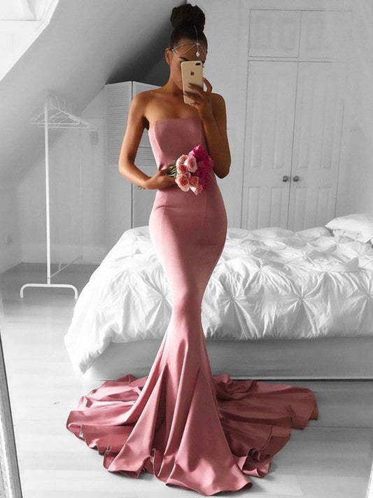Trumpet/Mermaid Crepe Ruffles Strapless Sleeveless Sweep/Brush Train Dresses by YiHuiw