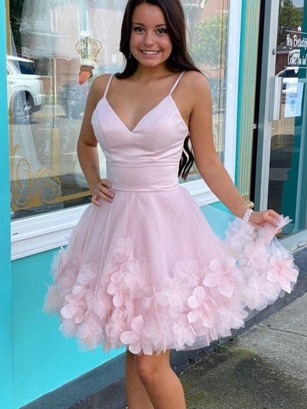 A-Line/Princess Tulle Hand-Made Flower V-neck Sleeveless Short/Mini Dresses by YiHuiw