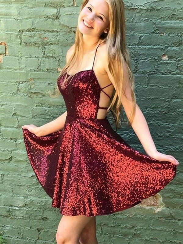 A-Line/Princess Sequins Ruffles Spaghetti Straps Sleeveless Short/Mini Dresses by YiHuiw