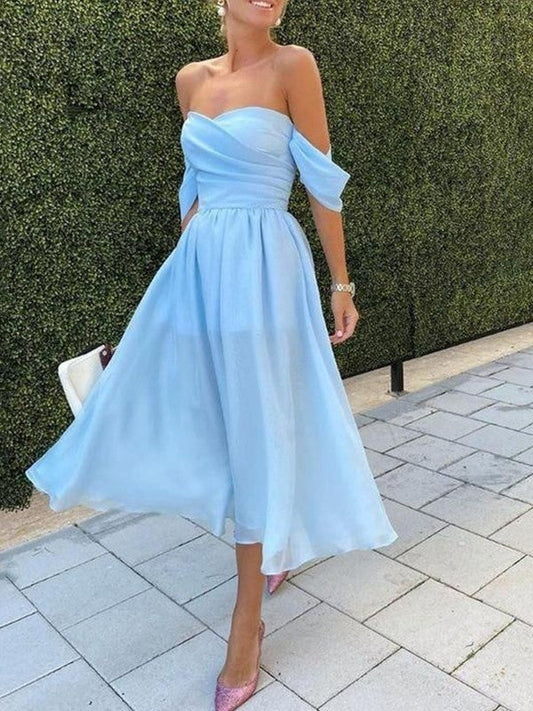A-Line/Princess Chiffon Ruched Off-the-Shoulder Sleeveless Tea-Length Dresses by YiHuiw