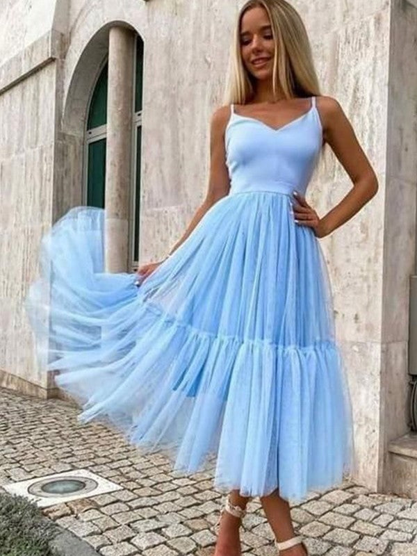 A-Line/Princess Tulle Ruffles V-neck Sleeveless Tea-Length Dresses by YiHuiw