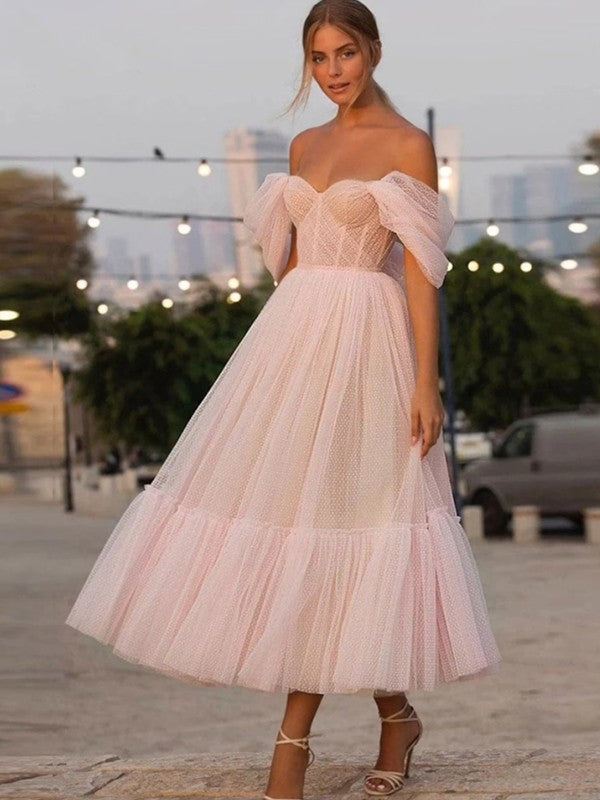 A-Line/Princess Tulle Ruffles Off-the-Shoulder Sleeveless Tea-Length Dresses by YiHuiw